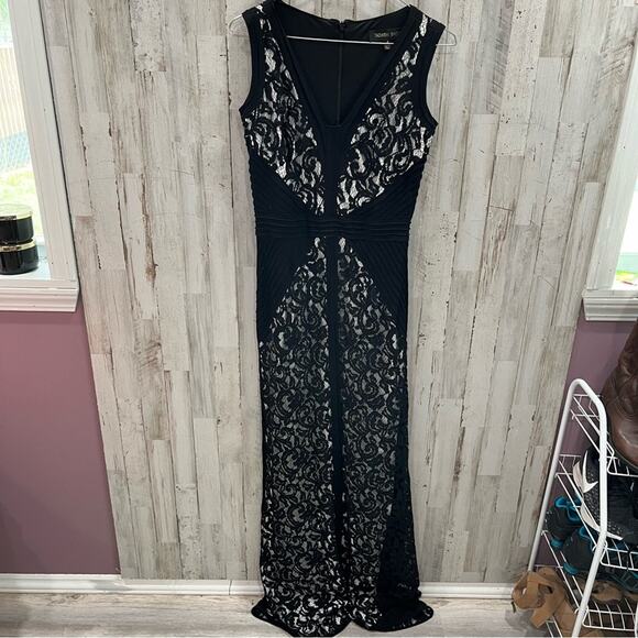 Tadashi Shoji Lace V-Neck Gown with Pintuck Jersey Piping black lace white 4 - Picture 3 of 10